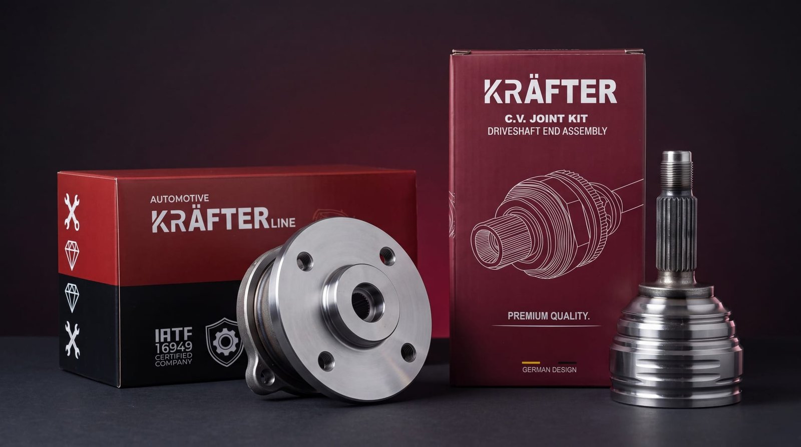 Les boîtes Kräfter Line du moyeu-roulement et du joint homocinétique, avec leurs pièces, sur fond sombre