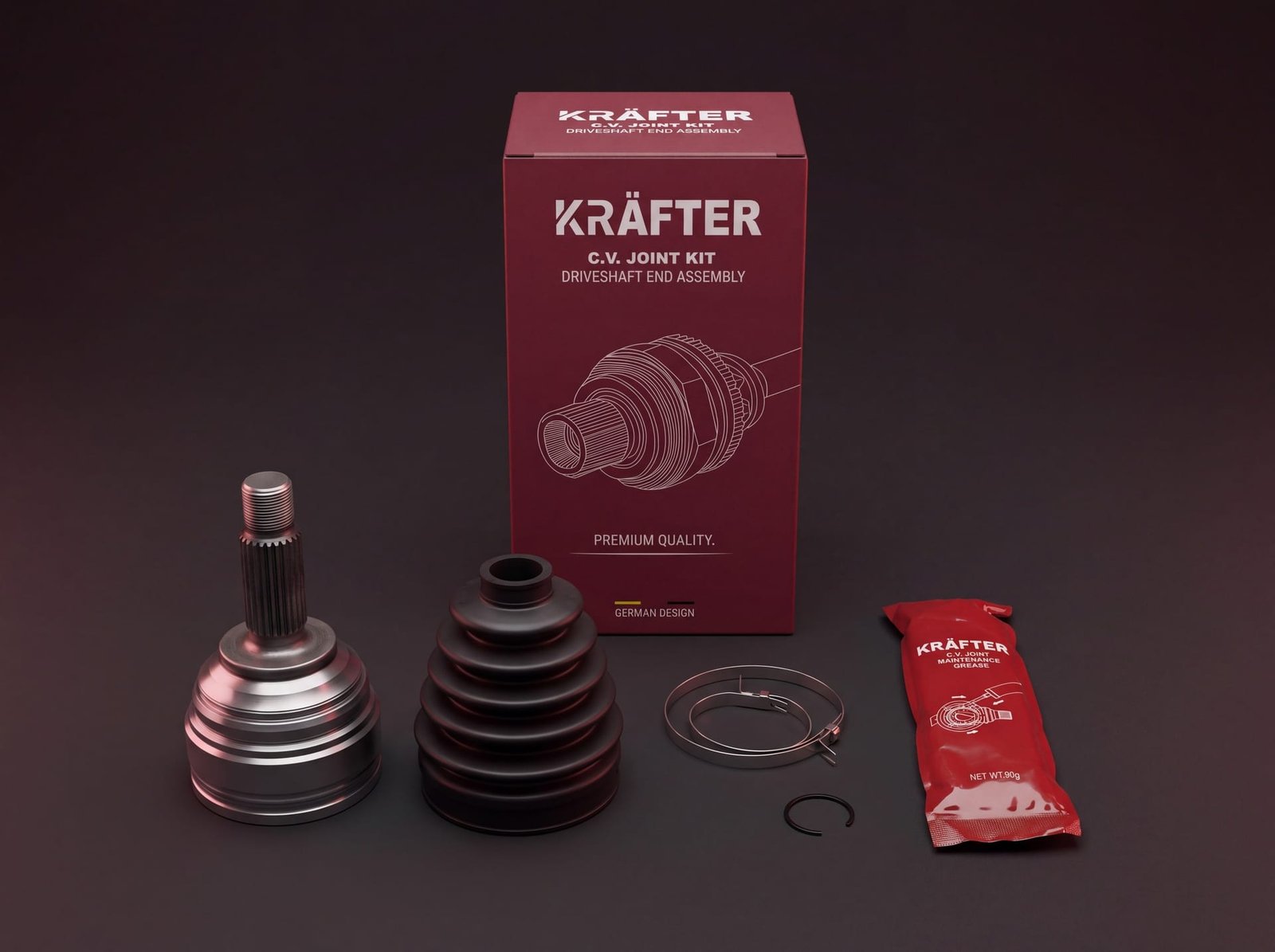 Kit du joint homocinétique : joint, soufflet, deux colliers, circlip et sachet de graisse, devant sa boîte